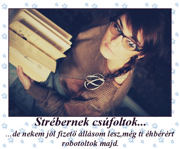 Strébernek csúfoltok...
 
...de nekem jól fizető állásom lesz,még ti éhbérért robotoltok majd.
