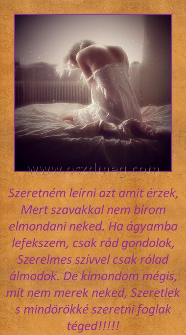 Szeretném leírni azt amit érzek
 
Szeretném leírni azt amit érzek, Mert szavakkal nem bírom elmondani neked. Ha ágyamba lefekszem, csak rád gondolok, Szerelmes szívvel csak rólad álmodok. De kimondom mégis, mit nem merek neked, Szeretlek s mindörökké szeretni foglak téged!!!!!