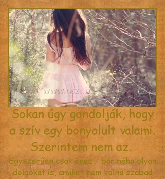 Sokan úgy gondolják, hogy a szív egy bonyolult valami. Szerintem nem az. 
 
Egyszerűen csak érez ...bár néha olyan dolgokat is, amiket nem volna szabad