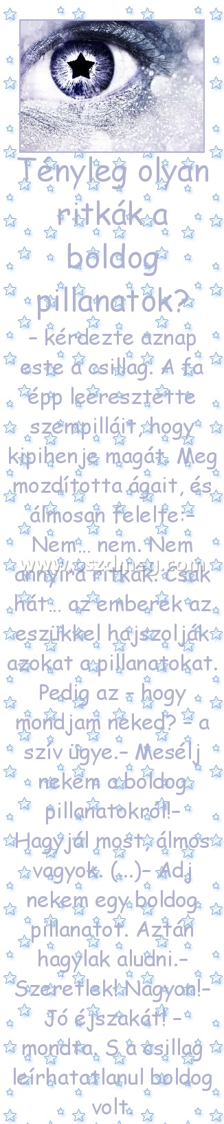 Tényleg olyan ritkák a boldog pillanatok?
 
– kérdezte aznap este a csillag. A fa épp leeresztette szempilláit, hogy kipihenje magát. Meg mozdította ágait, és álmosan felelte:– Nem… nem. Nem annyira ritkák. Csak hát… az emberek az eszükkel hajszolják azokat a pillanatokat. Pedig az – hogy mondjam neked? – a szív ügye.– Mesélj nekem a boldog pillanatokról!– Hagyjál most, álmos vagyok. (...)– Adj nekem egy boldog pillanatot. Aztán hagylak aludni.– Szeretlek! Nagyon!– Jó éjszakát! – mondta. S a csillag leírhatatlanul boldog volt.