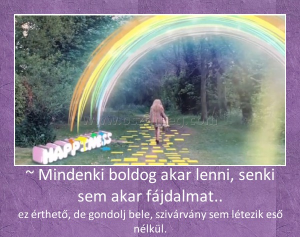 ~ Mindenki boldog akar lenni, senki sem akar fájdalmat..
 
ez érthető, de gondolj bele, szivárvány sem létezik eső nélkül.