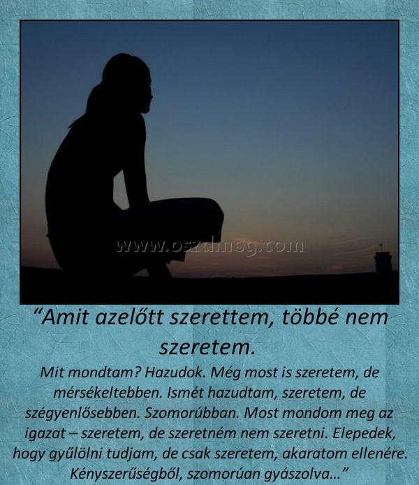 “Amit azelőtt szerettem, többé nem szeretem. 
 
Mit mondtam? Hazudok. Még most is szeretem, de mérsékeltebben. Ismét hazudtam, szeretem, de szégyenlősebben. Szomorúbban. Most mondom meg az igazat – szeretem, de szeretném nem szeretni. Elepedek, hogy gyűlölni tudjam, de csak szeretem, akaratom ellenére. Kényszerűségből, szomorúan gyászolva…”