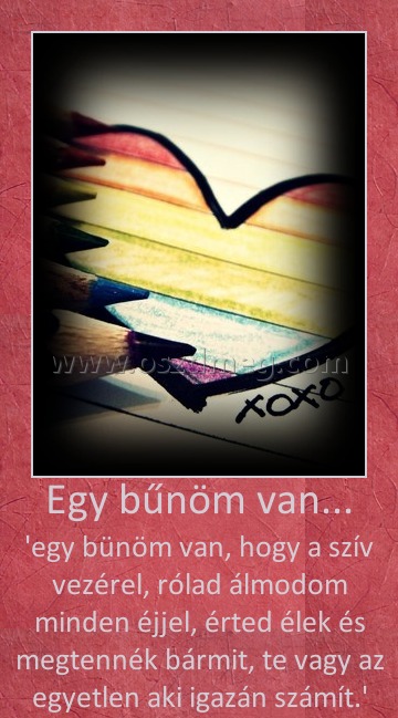 Egy bűnöm van...
 
'egy bünöm van, hogy a szív vezérel, rólad álmodom minden éjjel, érted élek és megtennék bármit, te vagy az egyetlen aki igazán számít.'