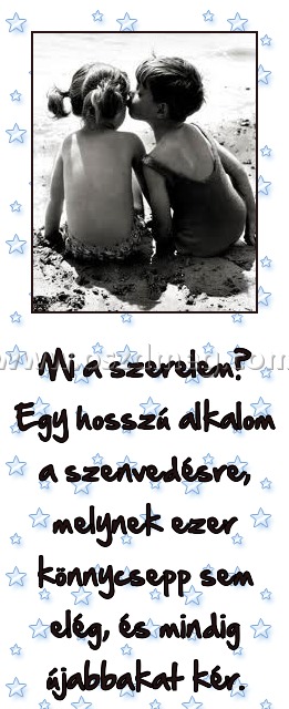 Mi a szerelem?
 
Mi a szerelem? Egy hosszú alkalom a szenvedésre, melynek ezer könnycsepp sem elég, és mindig újabbakat kér.