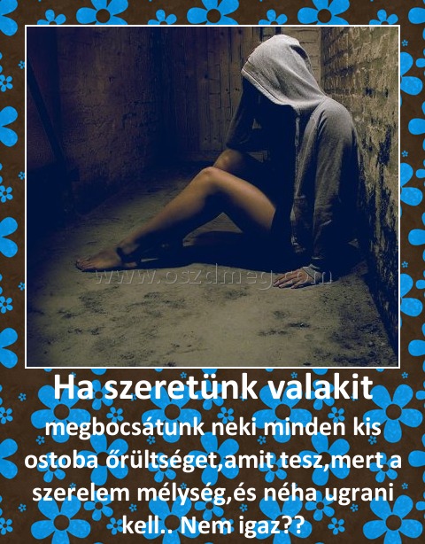 Ha szeretünk valakit
 
megbocsátunk neki minden kis ostoba őrültséget,amit tesz,mert a szerelem mélység,és néha ugrani kell.. Nem igaz??