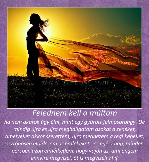 Felednem kell a múltam
 
ha nem akarok úgy élni, mint egy gyűrött felmosórongy. De mindig újra és újra meghallgatom azokat a zenéket, amelyeket akkor szerettem, újra megnézem a régi képeket, ösztönösen előidézem az emlékeket - és egész nap, minden percben azon elmélkedem, hogy vajon az, ami engem ennyire megvisel, őt is megviseli ?! :( 