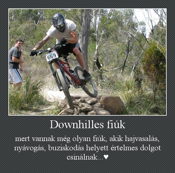 Downhilles fiúk
 
mert vannak még olyan fiúk, akik hajvasalás, nyávogás, buziskodás helyett értelmes dolgot csinálnak...♥
