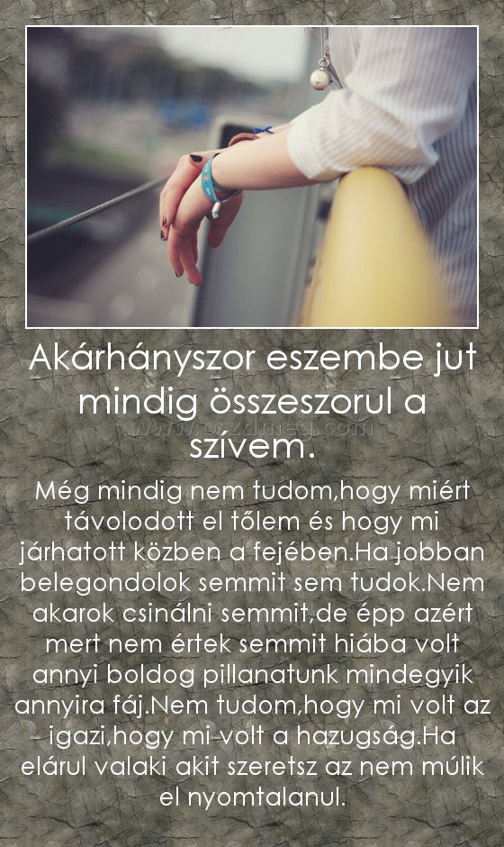 Akárhányszor eszembe jut mindig összeszorul a szívem.
 
Még mindig nem tudom,hogy miért távolodott el tőlem és hogy mi járhatott közben a fejében.Ha jobban belegondolok semmit sem tudok.Nem akarok csinálni semmit,de épp azért mert nem értek semmit hiába volt annyi boldog pillanatunk mindegyik annyira fáj.Nem tudom,hogy mi volt az igazi,hogy mi volt a hazugság.Ha elárul valaki akit szeretsz az nem múlik el nyomtalanul.
