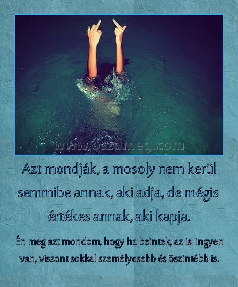 Azt mondják, a mosoly nem kerül semmibe annak, aki adja, de mégis  értékes annak, aki kapja.
 
Én meg azt mondom, hogy ha beintek, az is  ingyen van, viszont sokkal személyesebb és öszintébb is.