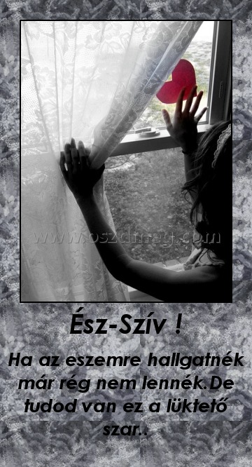 Ész-Szív !
 
Ha az eszemre hallgatnék már rég nem lennék.De tudod van ez a lüktető szar..