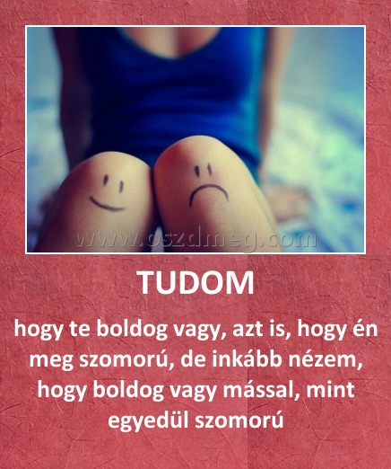 TUDOM
 
hogy te boldog vagy, azt is, hogy én meg szomorú, de inkább nézem, hogy boldog vagy mással, mint egyedül szomorú