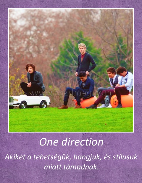 One direction
 
Akiket a tehetségük, hangjuk, és stílusuk miatt támadnak.
